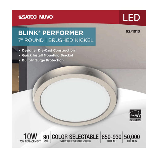 Flush Mount Nuvo 62-1913 Blink Performer - 10 Watt LED - 7 Inch Round Fixture - Brushed Nickel Finish - 5 CCT Selectable Nuvo