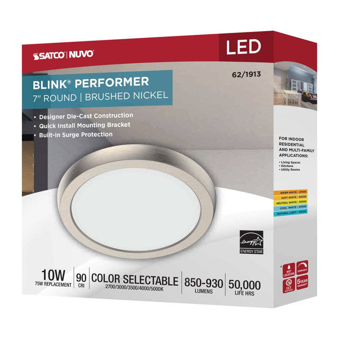 Flush Mount Nuvo 62-1913 Blink Performer - 10 Watt LED - 7 Inch Round Fixture - Brushed Nickel Finish - 5 CCT Selectable Nuvo