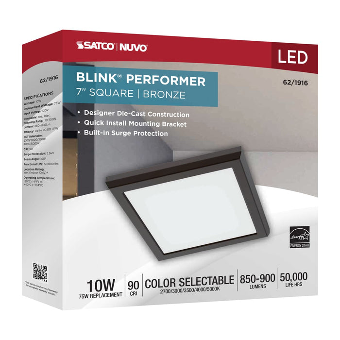 Flush Mount Nuvo 62-1916 Blink Performer - 10 Watt LED - 7 Inch Square Fixture - Bronze Finish - 5 CCT Selectable Nuvo