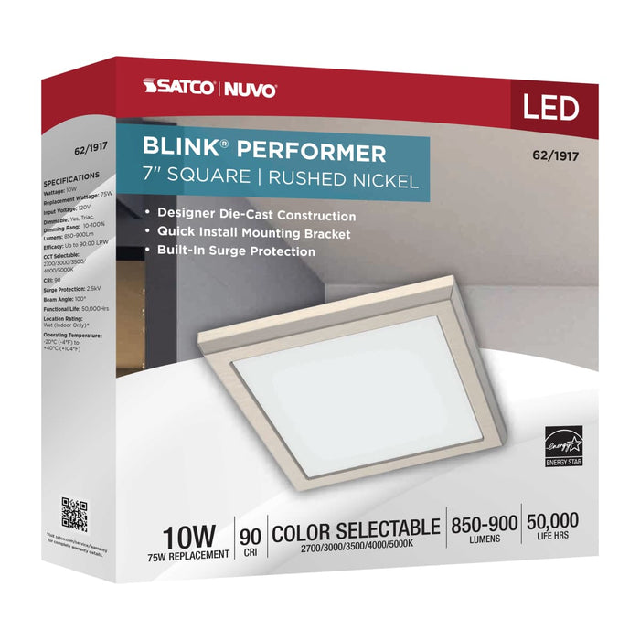 Flush Mount Nuvo 62-1917 Blink Performer - 10 Watt LED - 7 Inch Square Fixture - Brushed Nickel Finish - 5 CCT Selectable Nuvo