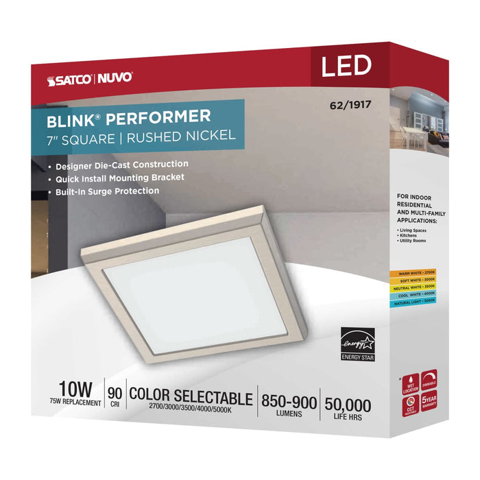 Flush Mount Nuvo 62-1917 Blink Performer - 10 Watt LED - 7 Inch Square Fixture - Brushed Nickel Finish - 5 CCT Selectable Nuvo