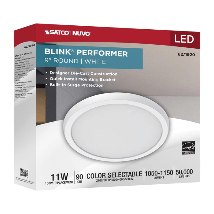 Flush Mount Nuvo 62-1920 Blink Performer - 11 Watt LED - 9 Inch Round Fixture - White Finish - 5 CCT Selectable Nuvo