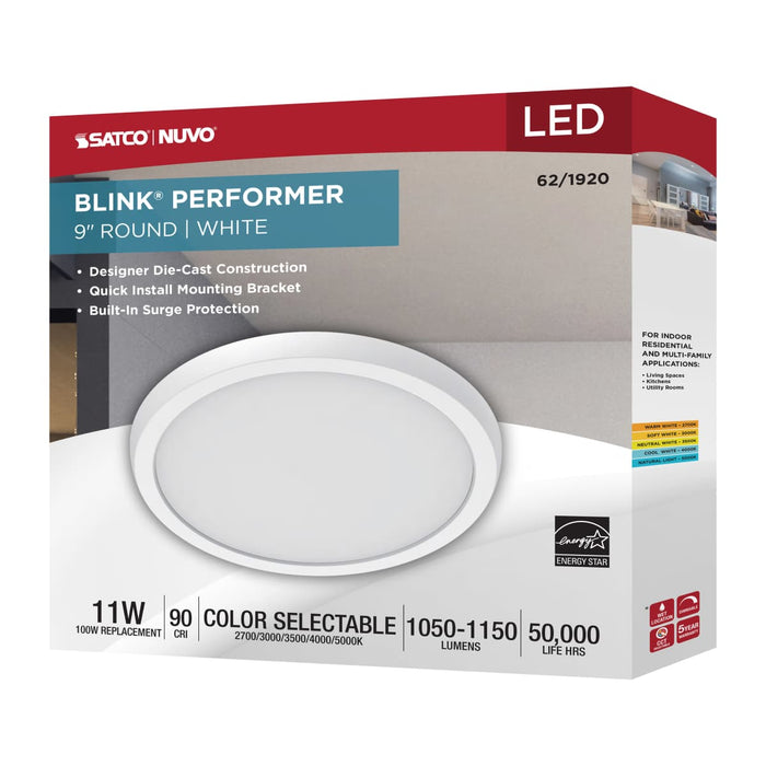 Flush Mount Nuvo 62-1920 Blink Performer - 11 Watt LED - 9 Inch Round Fixture - White Finish - 5 CCT Selectable Nuvo