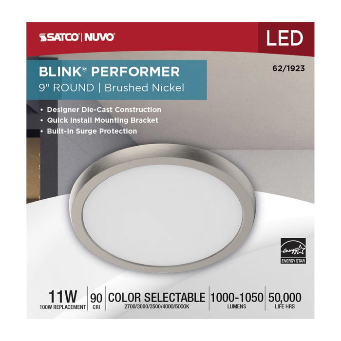 Flush Mount Nuvo 62-1923 Blink Performer - 11 Watt LED - 9 Inch Round Fixture - Brushed Nickel Finish - 5 CCT Selectable Nuvo