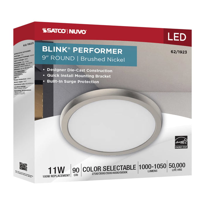 Flush Mount Nuvo 62-1923 Blink Performer - 11 Watt LED - 9 Inch Round Fixture - Brushed Nickel Finish - 5 CCT Selectable Nuvo