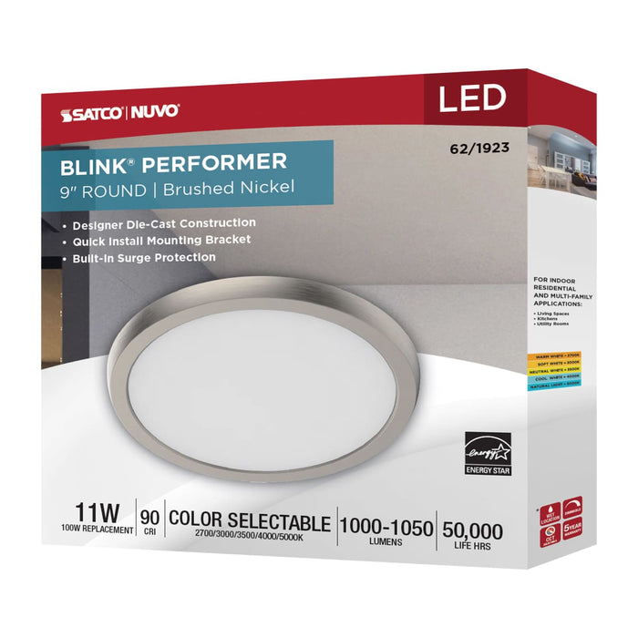 Flush Mount Nuvo 62-1923 Blink Performer - 11 Watt LED - 9 Inch Round Fixture - Brushed Nickel Finish - 5 CCT Selectable Nuvo