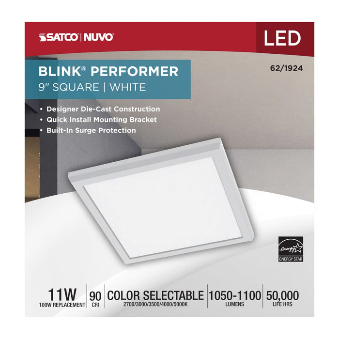Flush Mount Nuvo 62-1924 Blink Performer - 11 Watt LED - 9 Inch Square Fixture - White Finish - 5 CCT Selectable Nuvo