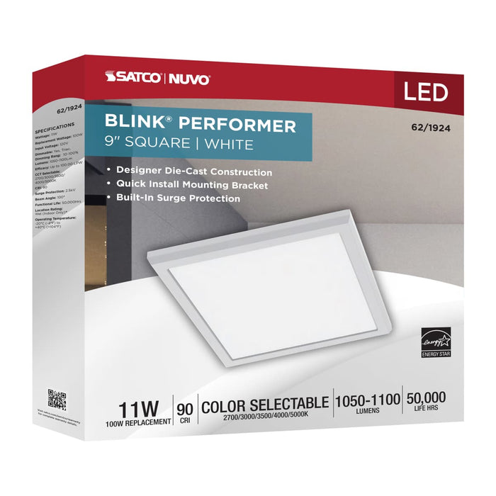 Flush Mount Nuvo 62-1924 Blink Performer - 11 Watt LED - 9 Inch Square Fixture - White Finish - 5 CCT Selectable Nuvo