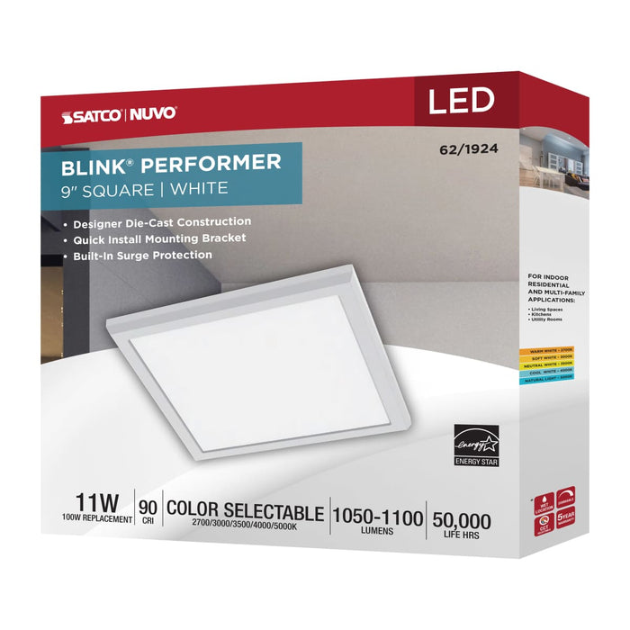 Flush Mount Nuvo 62-1924 Blink Performer - 11 Watt LED - 9 Inch Square Fixture - White Finish - 5 CCT Selectable Nuvo