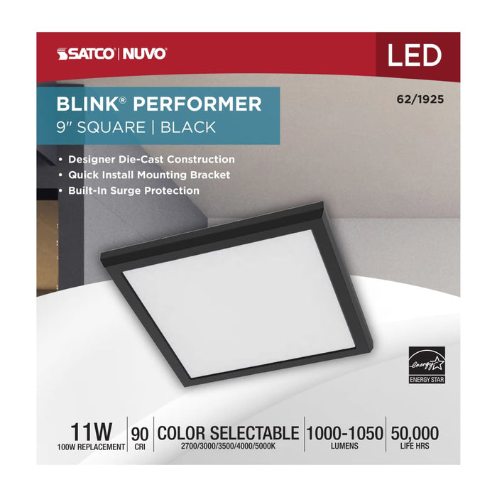 Flush Mount Nuvo 62-1925 Blink Performer - 11 Watt LED - 9 Inch Square Fixture - Black Finish - 5 CCT Selectable Nuvo