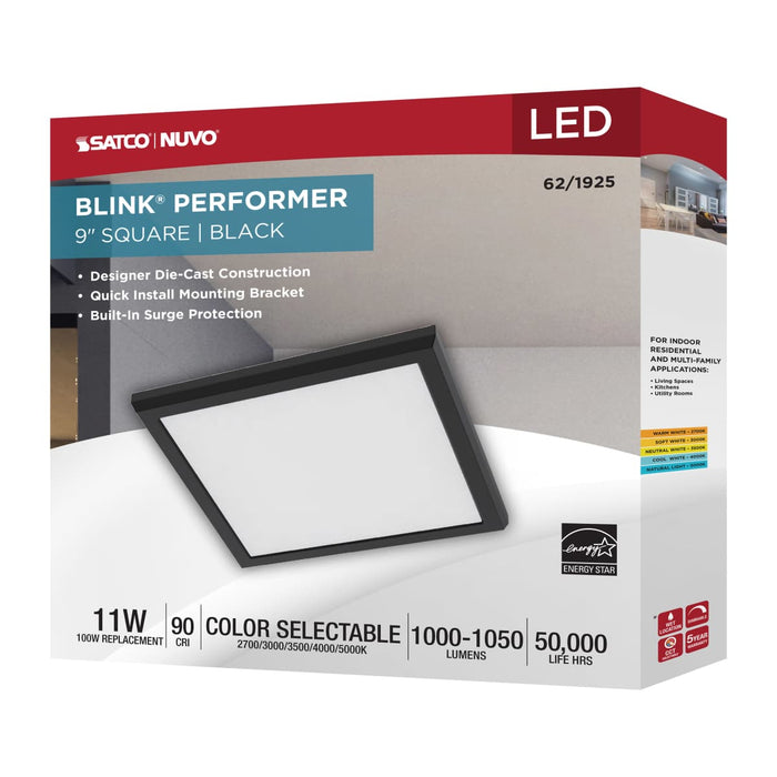 Flush Mount Nuvo 62-1925 Blink Performer - 11 Watt LED - 9 Inch Square Fixture - Black Finish - 5 CCT Selectable Nuvo