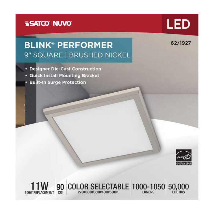 Flush Mount Nuvo 62-1927 Blink Performer - 11 Watt LED - 9 Inch Square Fixture - Brushed Nickel Finish - 5 CCT Selectable Nuvo