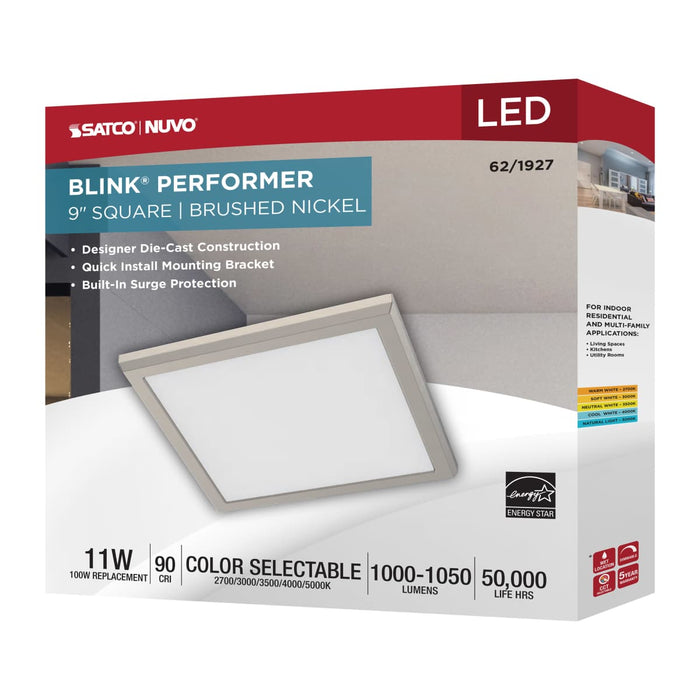 Flush Mount Nuvo 62-1927 Blink Performer - 11 Watt LED - 9 Inch Square Fixture - Brushed Nickel Finish - 5 CCT Selectable Nuvo