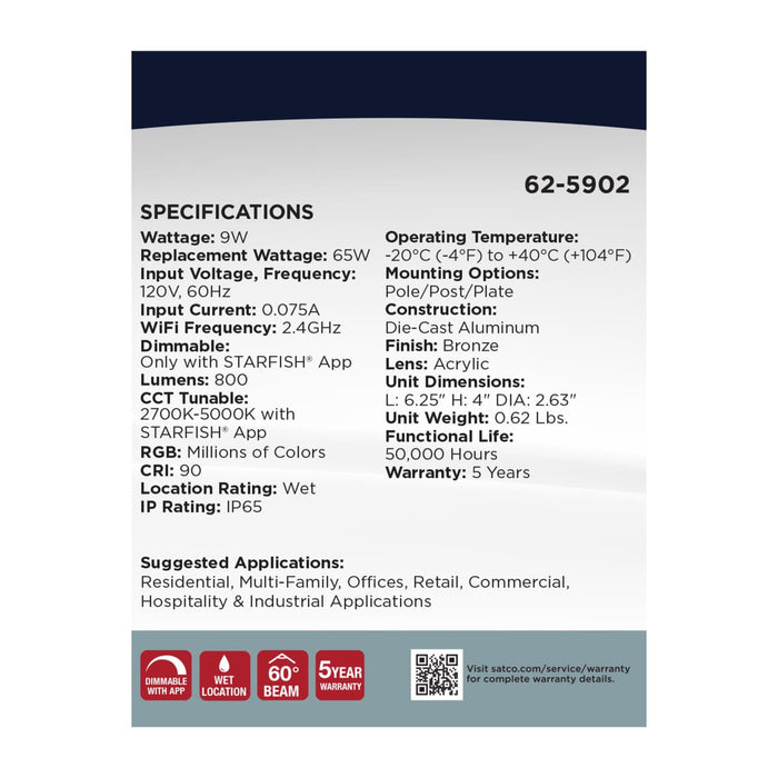 Flood Light Nuvo 62-5902 9 Watt LED Landscape Floodlight - RGB and 2700K-5000K Tunable White - PAR20 - Bronze Finish Nuvo