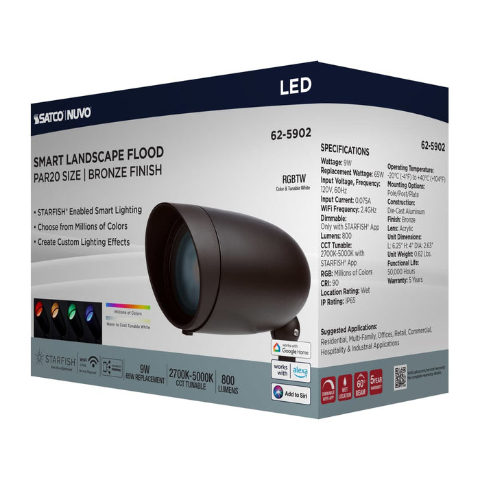 Flood Light Nuvo 62-5902 9 Watt LED Landscape Floodlight - RGB and 2700K-5000K Tunable White - PAR20 - Bronze Finish Nuvo