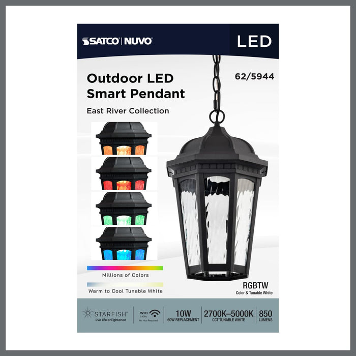 Pendant Nuvo 62-5944 East River Collection - 1 Light Outdoor Hanging Fixture - LED - SMART - Starfish RGBTW - CCT Selectable - Matte Black - Clear Water Glass Nuvo