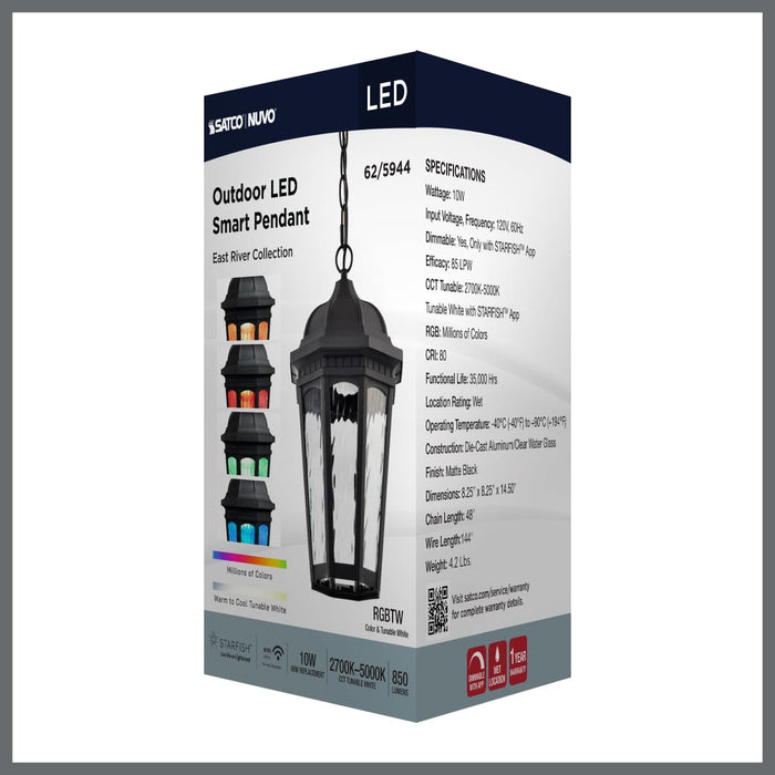 Pendant Nuvo 62-5944 East River Collection - 1 Light Outdoor Hanging Fixture - LED - SMART - Starfish RGBTW - CCT Selectable - Matte Black - Clear Water Glass Nuvo