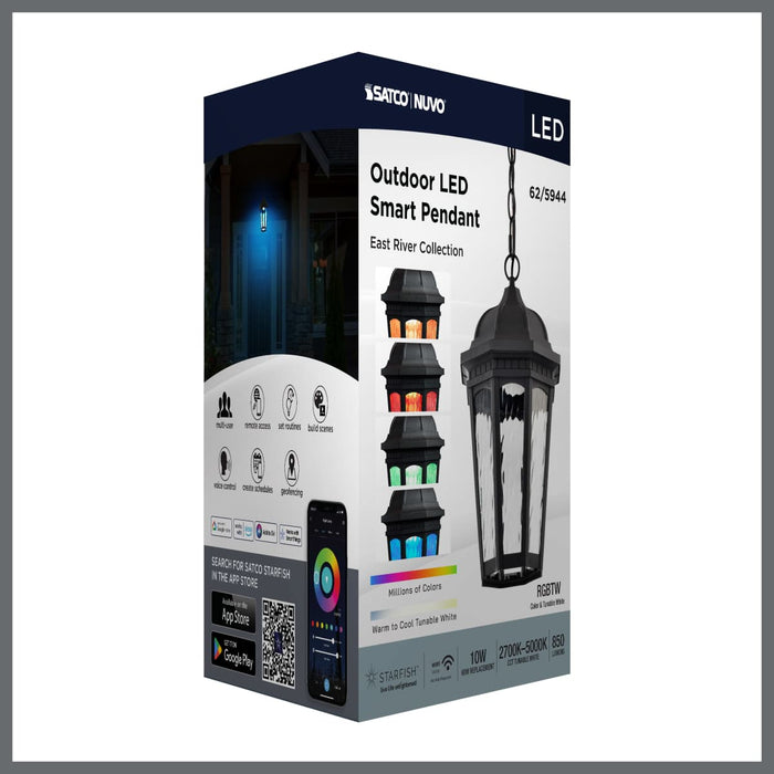Pendant Nuvo 62-5944 East River Collection - 1 Light Outdoor Hanging Fixture - LED - SMART - Starfish RGBTW - CCT Selectable - Matte Black - Clear Water Glass Nuvo