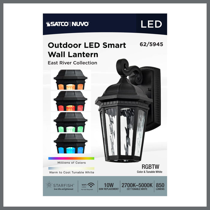 Sconce Nuvo 62-5945 East River Collection - 1 Light Outdoor Small Wall Fixture - LED - SMART - Starfish RGBTW - CCT Selectable - Matte Black - Clear Water Glass Nuvo