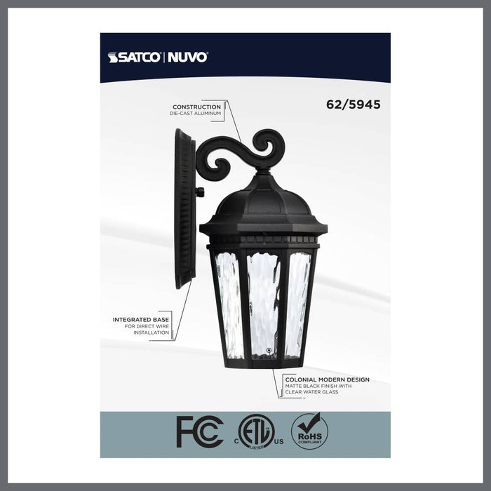 Sconce Nuvo 62-5945 East River Collection - 1 Light Outdoor Small Wall Fixture - LED - SMART - Starfish RGBTW - CCT Selectable - Matte Black - Clear Water Glass Nuvo