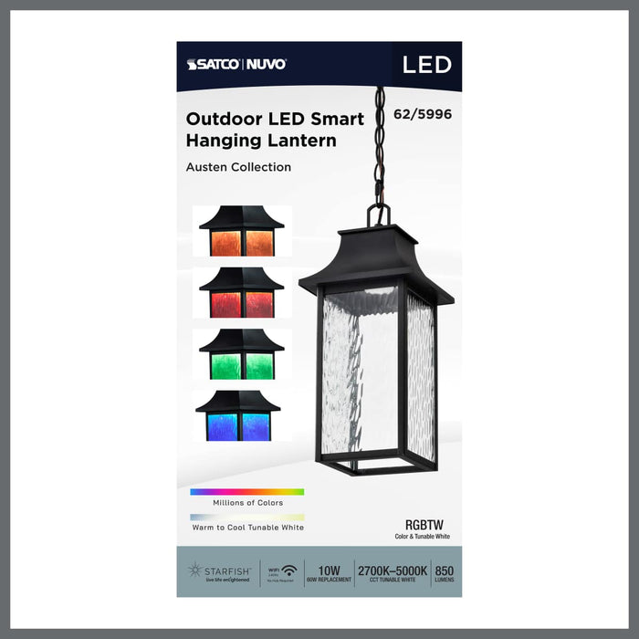Pendant Nuvo 62-5996 Austen Collection - 1 Light Outdoor Hanging Fixture - LED - SMART - Starfish RGBTW - CCT Selectable - Matte Black - Clear Water Glass Nuvo