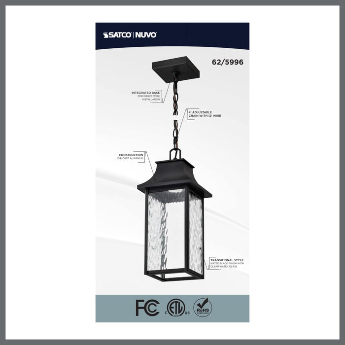 Pendant Nuvo 62-5996 Austen Collection - 1 Light Outdoor Hanging Fixture - LED - SMART - Starfish RGBTW - CCT Selectable - Matte Black - Clear Water Glass Nuvo