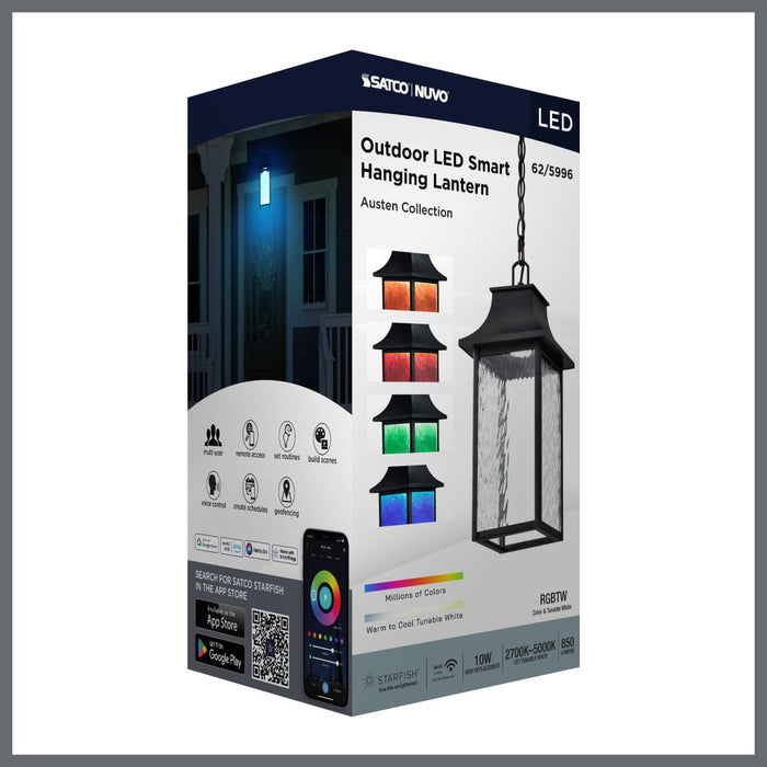 Pendant Nuvo 62-5996 Austen Collection - 1 Light Outdoor Hanging Fixture - LED - SMART - Starfish RGBTW - CCT Selectable - Matte Black - Clear Water Glass Nuvo