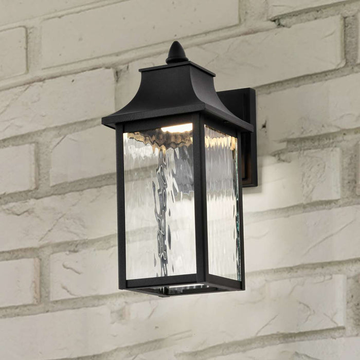 Sconce Nuvo 62-5997 Austen Collection - 1 Light Outdoor Small Wall Fixture - LED - SMART - Starfish RGBTW - CCT Selectable - Matte Black - Clear Water Glass Nuvo