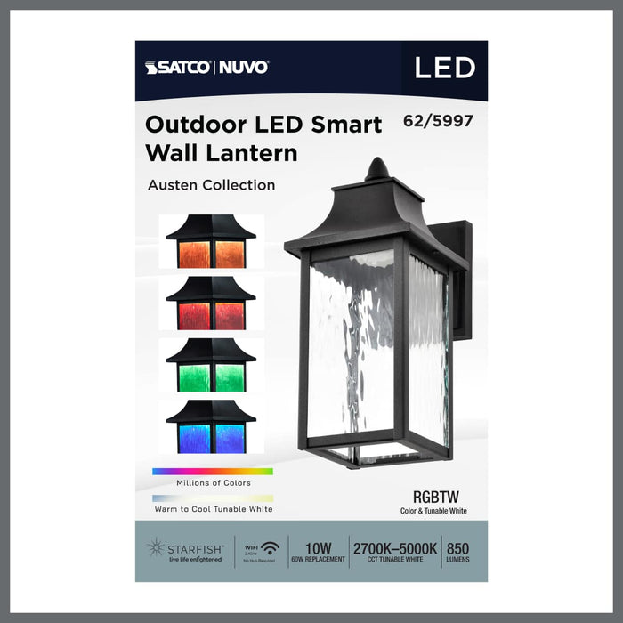 Sconce Nuvo 62-5997 Austen Collection - 1 Light Outdoor Small Wall Fixture - LED - SMART - Starfish RGBTW - CCT Selectable - Matte Black - Clear Water Glass Nuvo