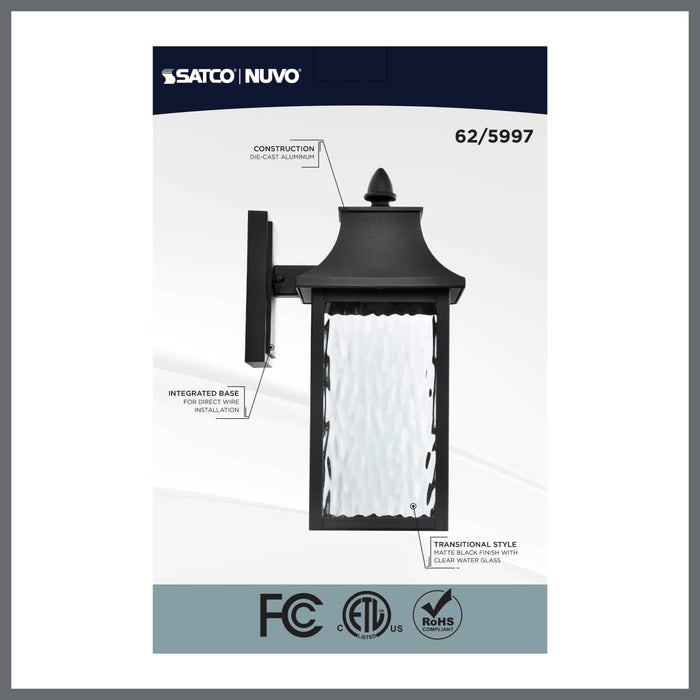 Sconce Nuvo 62-5997 Austen Collection - 1 Light Outdoor Small Wall Fixture - LED - SMART - Starfish RGBTW - CCT Selectable - Matte Black - Clear Water Glass Nuvo