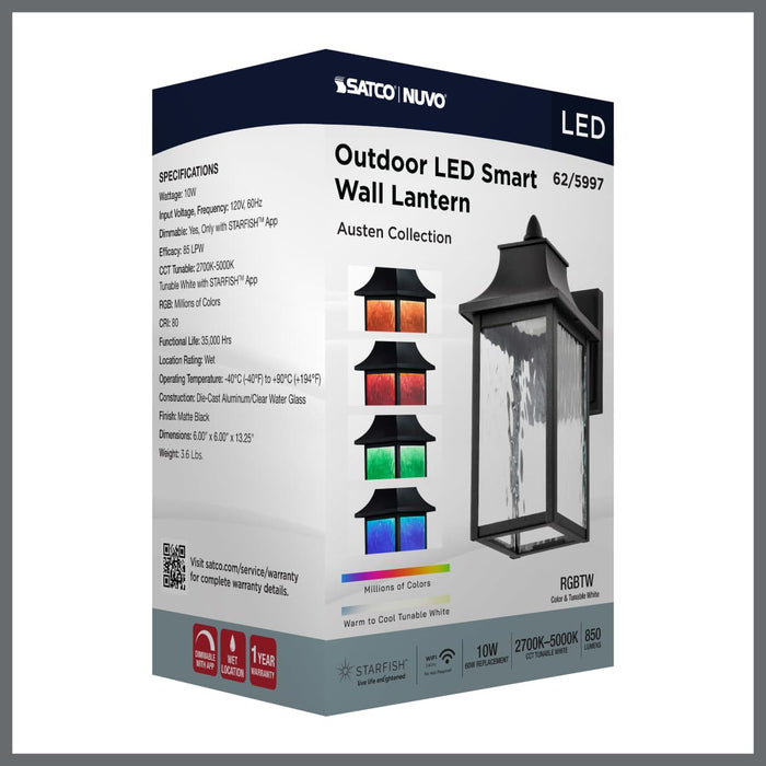Sconce Nuvo 62-5997 Austen Collection - 1 Light Outdoor Small Wall Fixture - LED - SMART - Starfish RGBTW - CCT Selectable - Matte Black - Clear Water Glass Nuvo