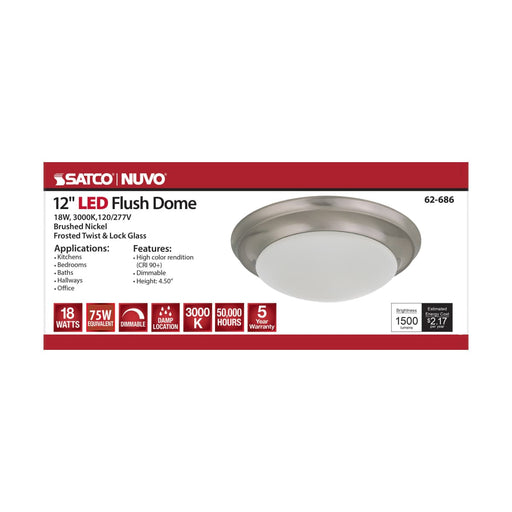 Flush Mount Nuvo 62-686 18W - Flush Mount Twist & Lock Fixture - LED - 12 in. - Brushed Nickel Finish - Frosted Glass Nuvo