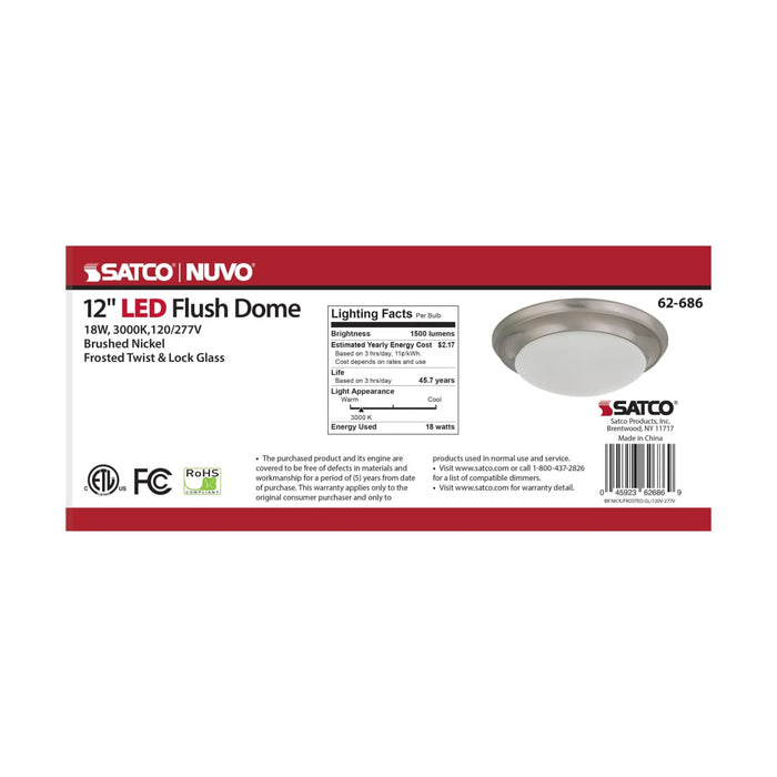 Flush Mount Nuvo 62-686 18W - Flush Mount Twist & Lock Fixture - LED - 12 in. - Brushed Nickel Finish - Frosted Glass Nuvo