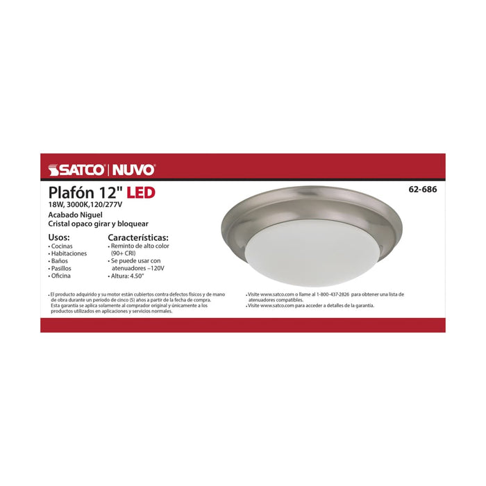 Flush Mount Nuvo 62-686 18W - Flush Mount Twist & Lock Fixture - LED - 12 in. - Brushed Nickel Finish - Frosted Glass Nuvo