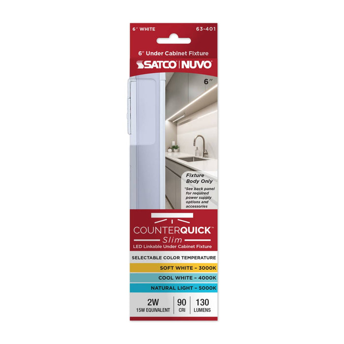 Under Cabinet Nuvo 63-401 2 Watt 6-Inch LED Under Cabinet - 30K/40K/50K CCT Selectable - White Finish - 120 Volt Nuvo