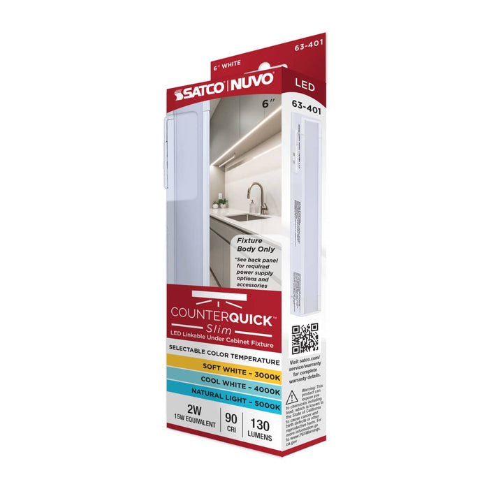 Under Cabinet Nuvo 63-401 2 Watt 6-Inch LED Under Cabinet - 30K/40K/50K CCT Selectable - White Finish - 120 Volt Nuvo
