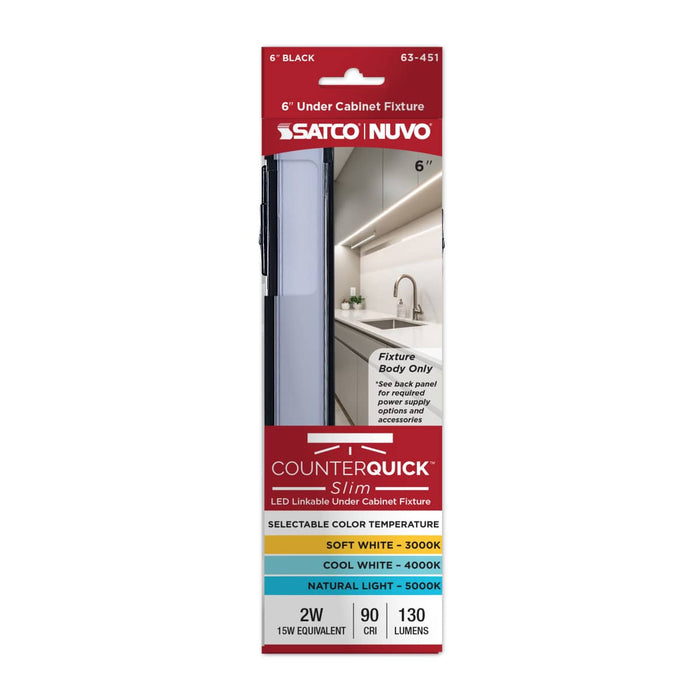 Under Cabinet Nuvo 63-451 2 Watt 6-Inch LED Under Cabinet - 30K/40K/50K CCT Selectable - Black Finish - 120 Volt Nuvo