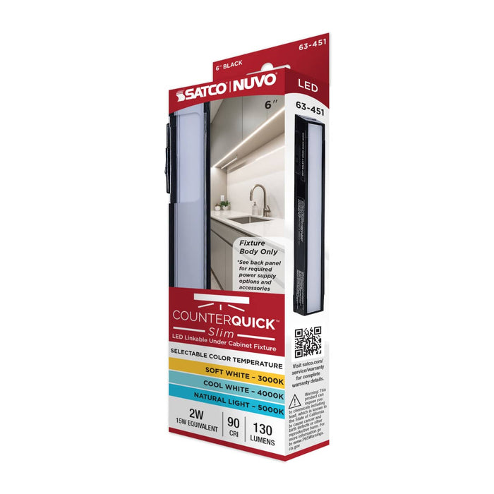 Under Cabinet Nuvo 63-451 2 Watt 6-Inch LED Under Cabinet - 30K/40K/50K CCT Selectable - Black Finish - 120 Volt Nuvo