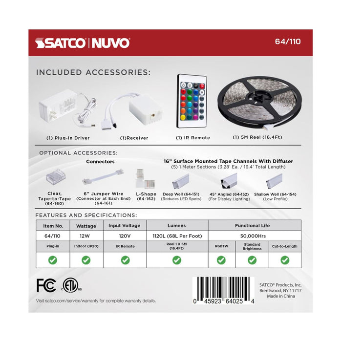 Tape Light Nuvo 64-110 Dimension Performer - Tape Light strip - 16 ft. - RGB plus Tunable White - Plug connection - IR Remote Included - White Finish Nuvo