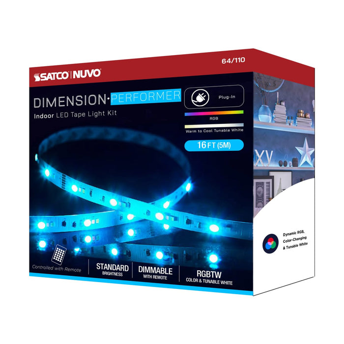 Tape Light Nuvo 64-110 Dimension Performer - Tape Light strip - 16 ft. - RGB plus Tunable White - Plug connection - IR Remote Included - White Finish Nuvo