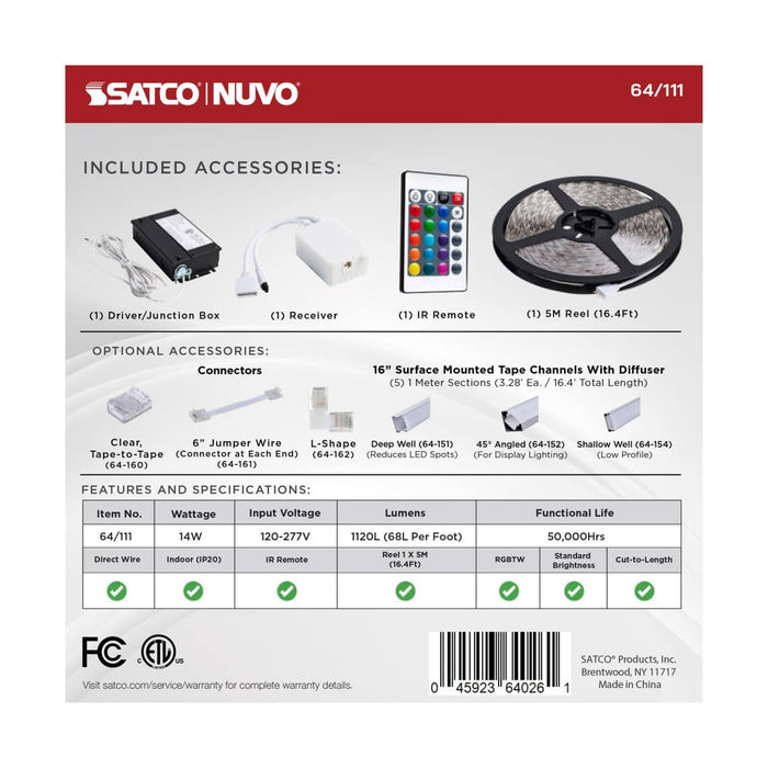 Tape Light Nuvo 64-111 Dimension Performer - Tape Light strip - 16 ft. - RGB plus Tunable White - J-Box connection - IR Remote Included - White Finish Nuvo