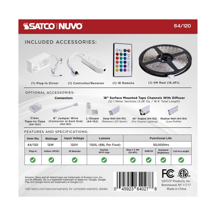 Tape Light Nuvo 64-120 Dimension Plus - Tape Light strip - 16 ft. - RGB plus Tunable White - Plug connection - Starfish IOT Capable - IR Remote Included - White Finish Nuvo