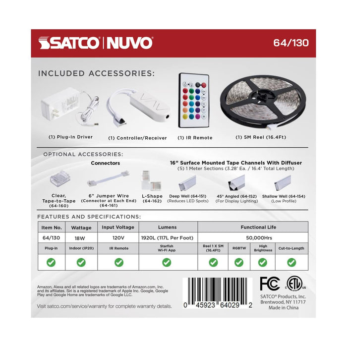 Tape Light Nuvo 64-130 Dimension Pro - Tape Light strip - 16 ft. - Hi-Output - RGB plus Tunable White - Plug connection - Starfish IOT Capable - IR Remote Included - White Finish Nuvo