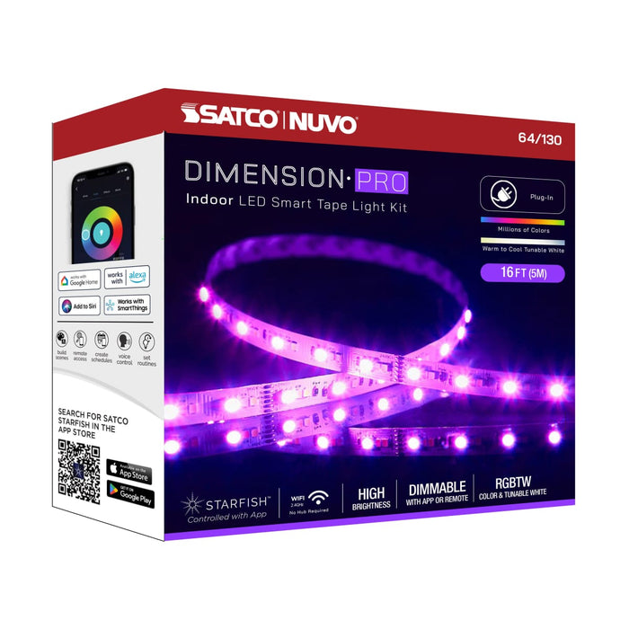 Tape Light Nuvo 64-130 Dimension Pro - Tape Light strip - 16 ft. - Hi-Output - RGB plus Tunable White - Plug connection - Starfish IOT Capable - IR Remote Included - White Finish Nuvo