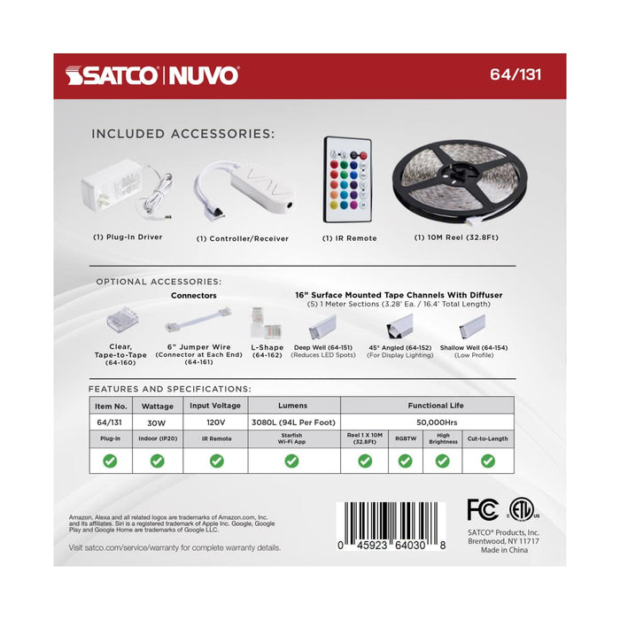 Tape Light Nuvo 64-131 Dimension Pro - Tape Light strip - 32 ft. - Hi-Output - RGB plus Tunable White - Plug connection - Starfish IOT Capable - IR Remote Included - White Finish Nuvo