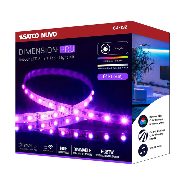 Tape Light Nuvo 64-132 Dimension Pro - Tape Light strip - 64 ft. - Hi-Output - RGB plus Tunable White - Plug connection - Starfish IOT Capable - IR Remote Included - White Finish Nuvo