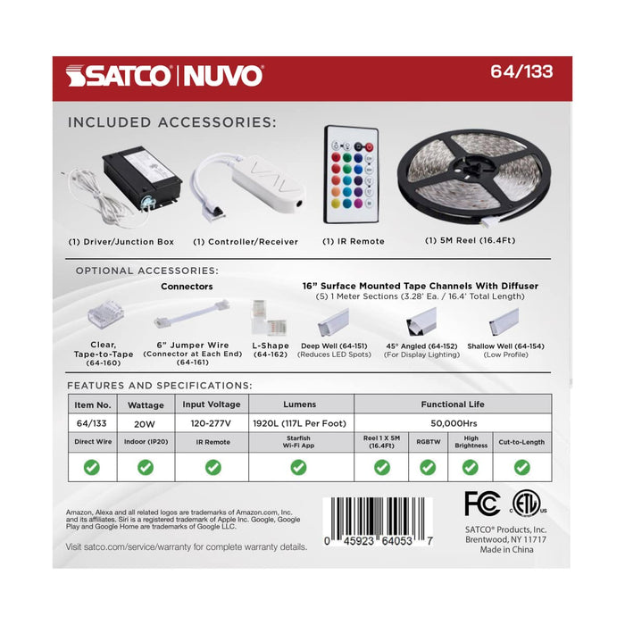Tape Light Nuvo 64-133 Dimension Pro - Tape Light strip - 16 ft. - Hi-Output - RGB plus Tunable White - J-Box connection - Starfish IOT Capable - IR Remote Included - White Finish Nuvo