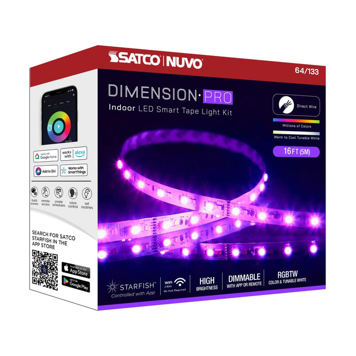 Tape Light Nuvo 64-133 Dimension Pro - Tape Light strip - 16 ft. - Hi-Output - RGB plus Tunable White - J-Box connection - Starfish IOT Capable - IR Remote Included - White Finish Nuvo