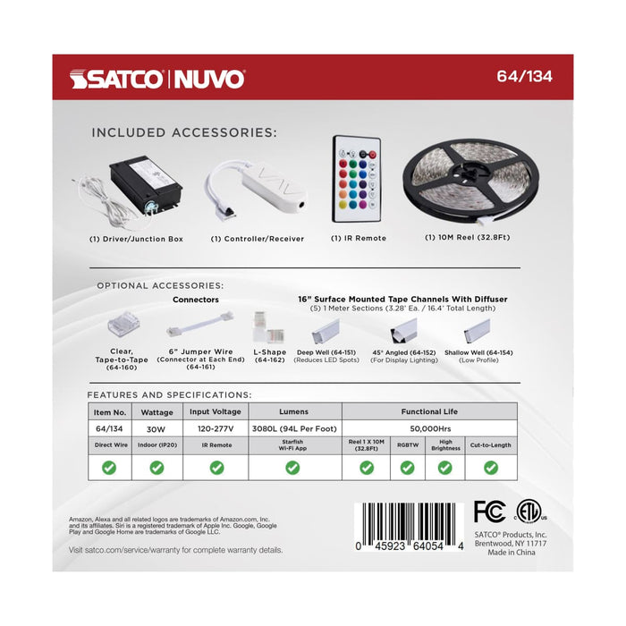 Tape Light Nuvo 64-134 Dimension Pro - Tape Light strip - 32 ft. - Hi-Output - RGB plus Tunable White - J-Box connection - Starfish IOT Capable - IR Remote Included - White Finish Nuvo