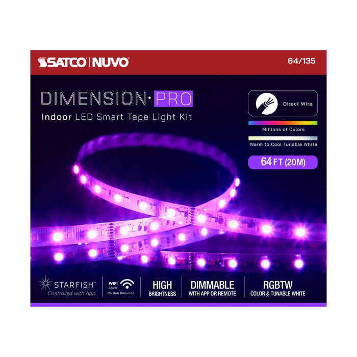 Tape Light Nuvo 64-135 Dimension Pro - Tape Light strip - 64 ft. - Hi-Output - RGB plus Tunable White - J-Box connection - Starfish IOT Capable - IR Remote Included - White Finish Nuvo